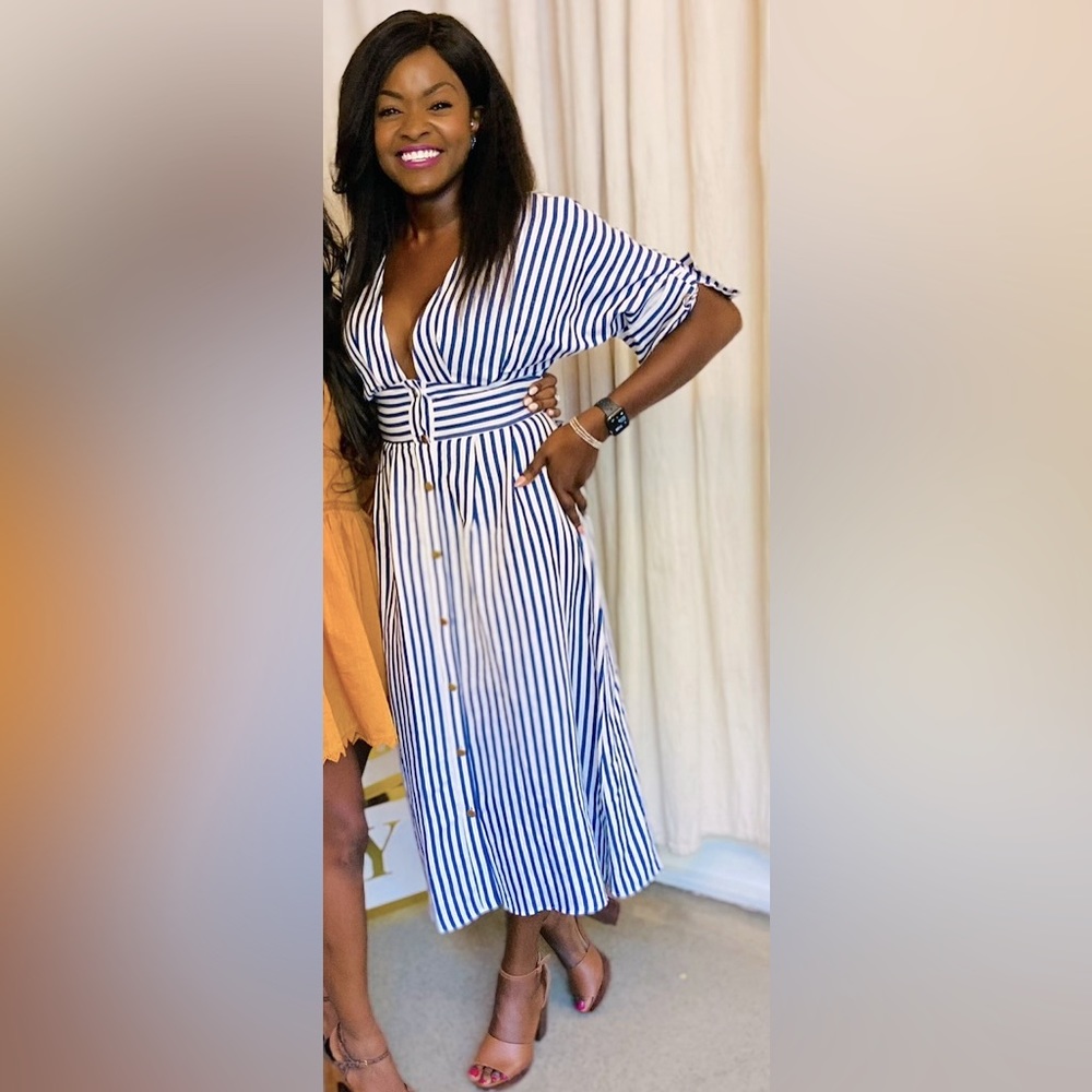 Zara White/Navy Linen Blend Striped Midi Dress